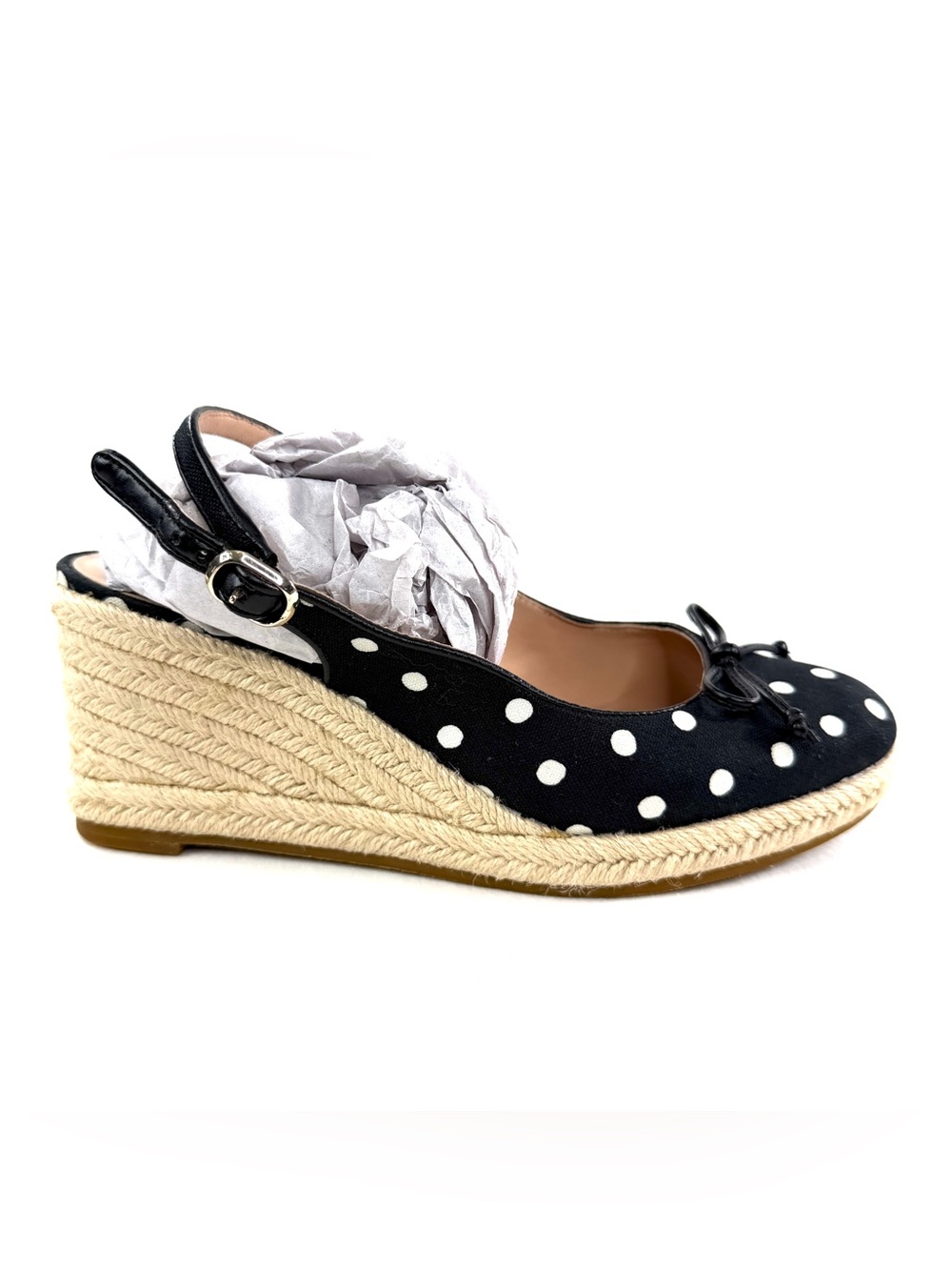 KATE SPADE Panama Women Size 6.5 Black White Polka Dot Espadrille Wedge Shoe